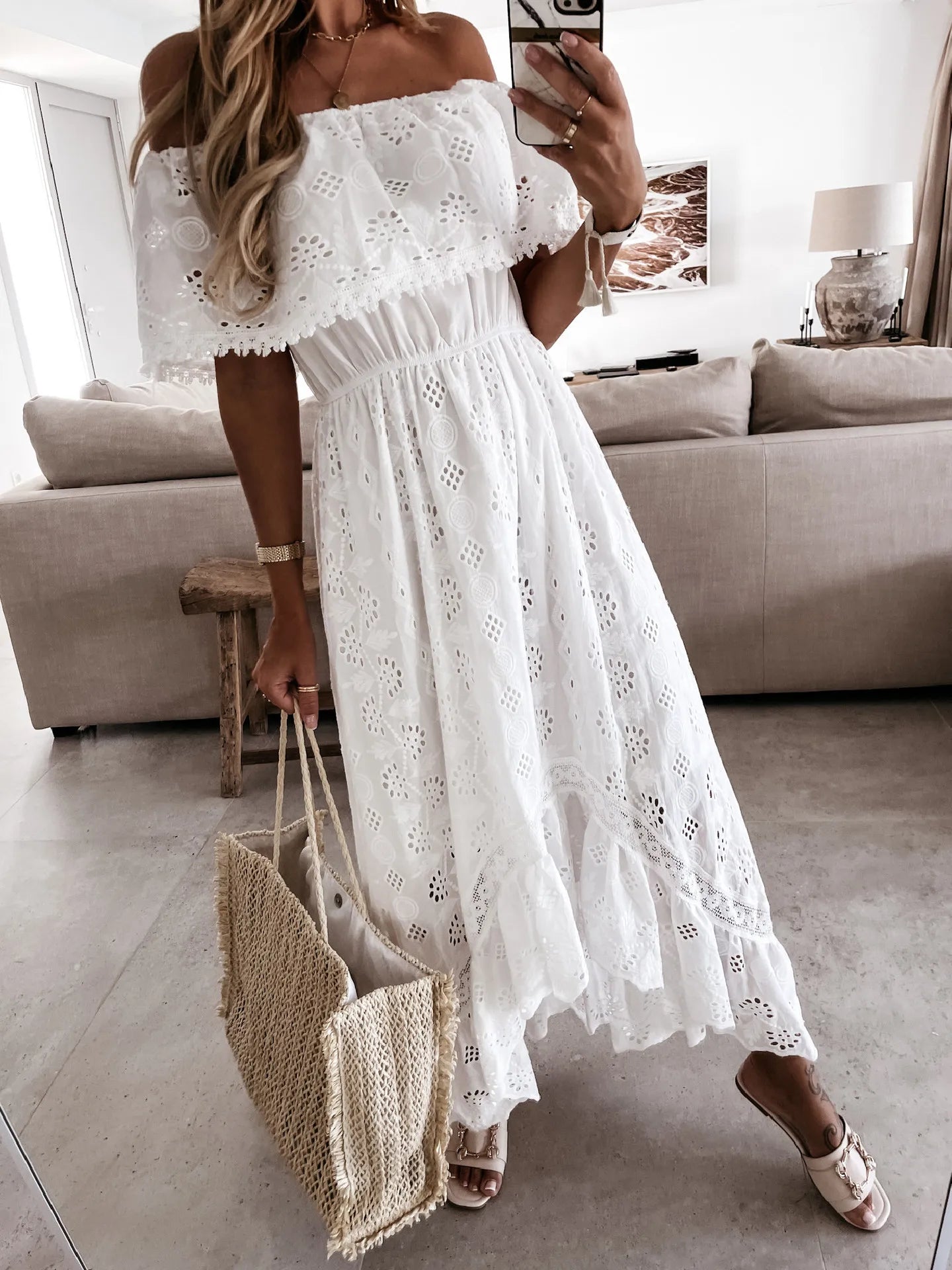 Summer White Dress for Women 2023  Lace Hem Bohemia Short Sleeve High Waist  Dress V-Neck Long Casual Ruffle Maxi Dress