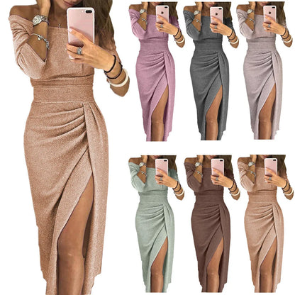 SUSOLA 2024 Women's Off Shoulder Long Sleeve Bodycon Evening Party Long Dress Asymmetrical Split Pencil Dresses S M L XL XXL