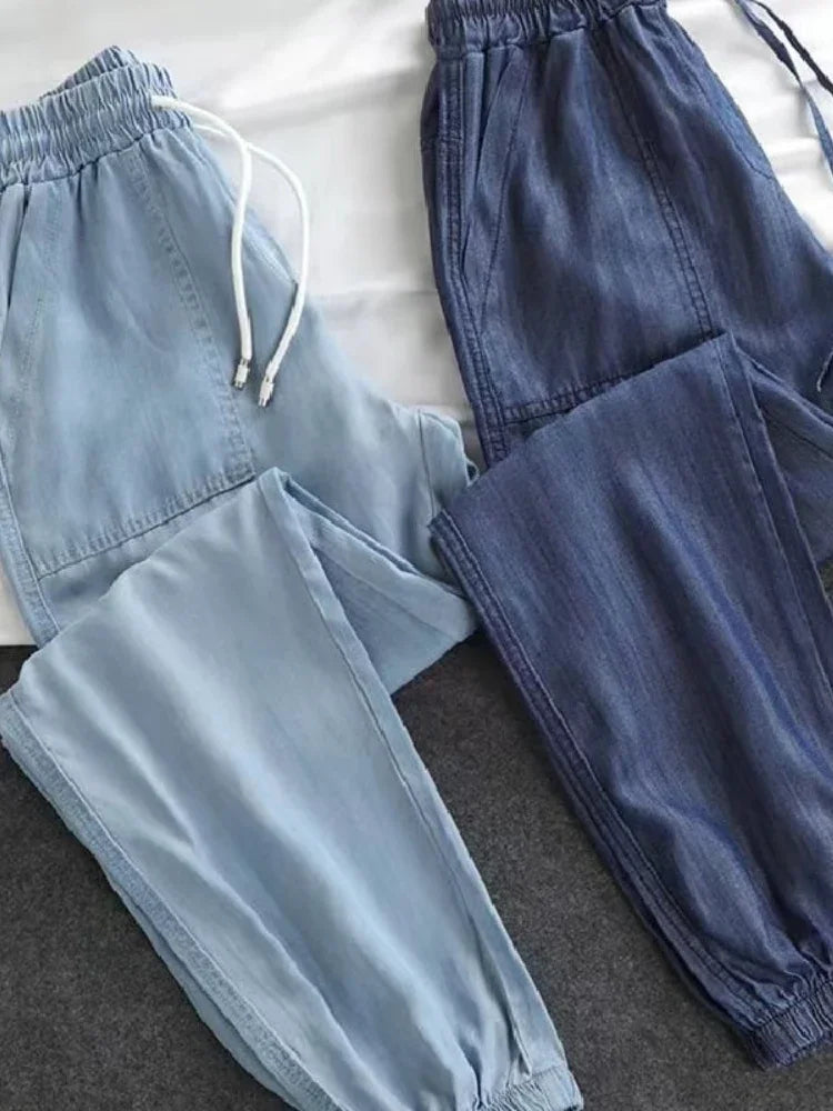 Women Pants Summer New 2023 LOOSE Lace-up Thin High Elastic Woman Jeans Oversize Trousers Soft Cool Female Casual Denim Pants - Sri sampi