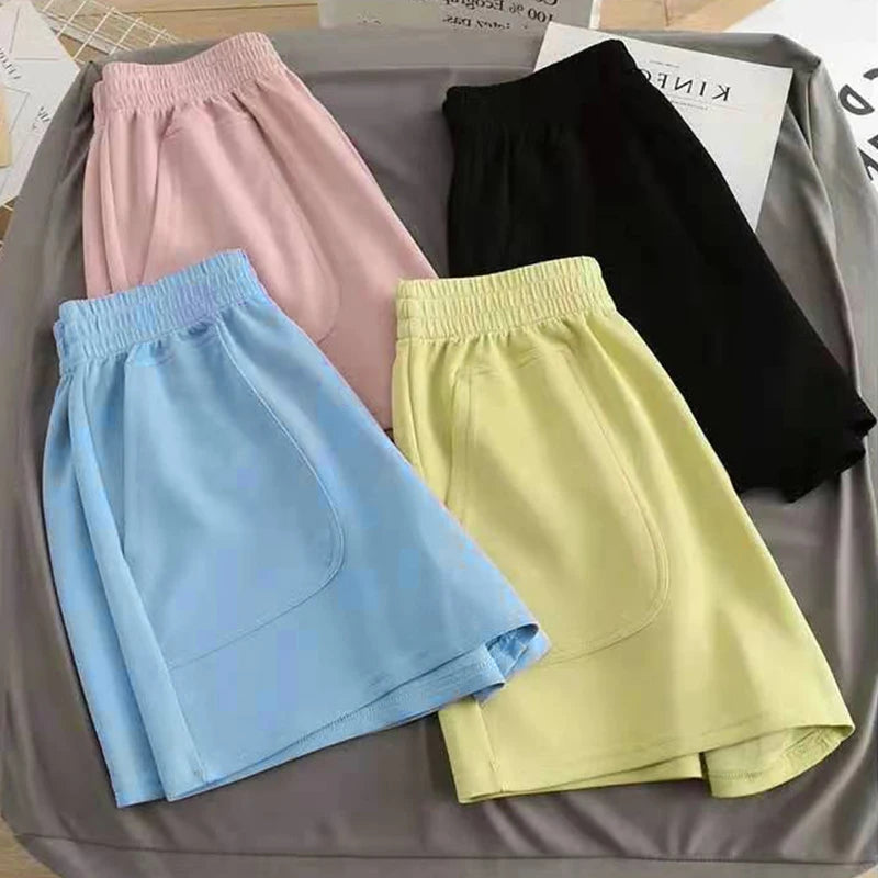 Women's Shorts With Pocket High Waist Hot Pants Casual Loose Sports Pants Elastic Waist Girls Cycling Shorts Summer Solid Color