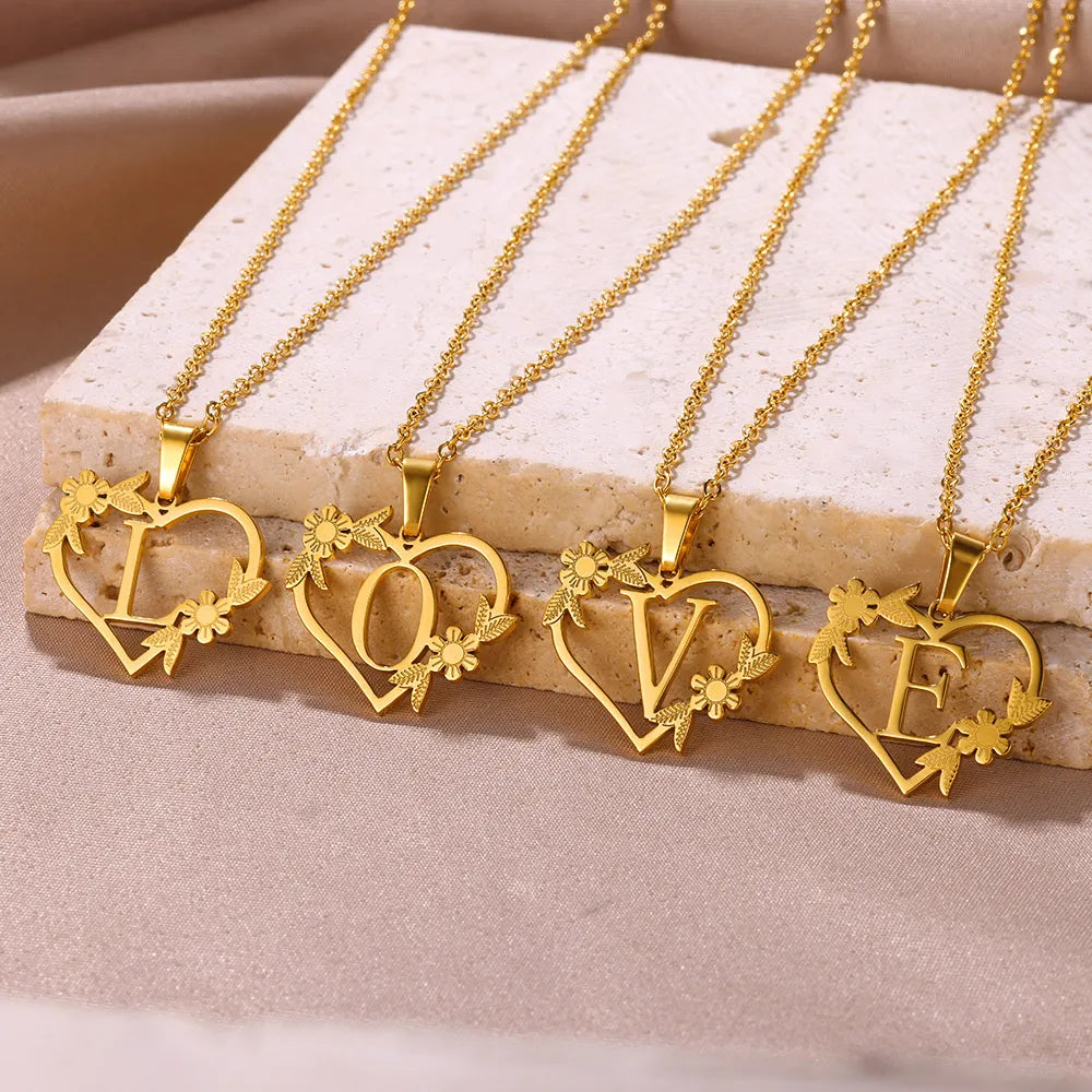 Gold Color Dainty Flower Initials Necklace Women Girl Stainless Steel Heart Letter Choker Necklace Best Gifts Alphabet Jewelry