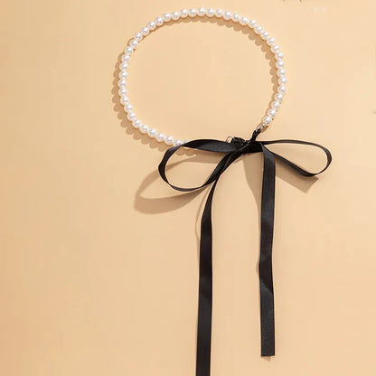 Trend Wedding Party Jewelry Long Black Ribbon Choker Necklace For Women Elegant White Imitation Pearl Beach Vacation Necklaces