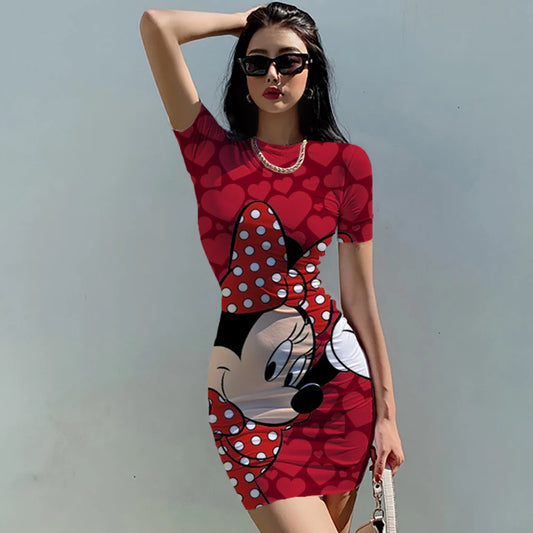 Disney Minnie Mickey Mouse Women's Summer Mini Party Dress 2022 Slim Hip Sexy Tight Y2K Short Sleeve Round neck Dresses Clothes