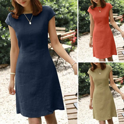 Commute Dress V-neck Back Zipper A-line Mini Dress for Women Short Sleeve Slim Fit Summer Dress with Above Knee Length Commute