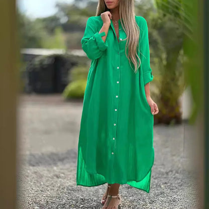 Elegant Women's Blue Cotton And Linen Collar Button Up Shirt Long Dress Women's Fashionable Casual Long Sleeved Cardigan Dresses