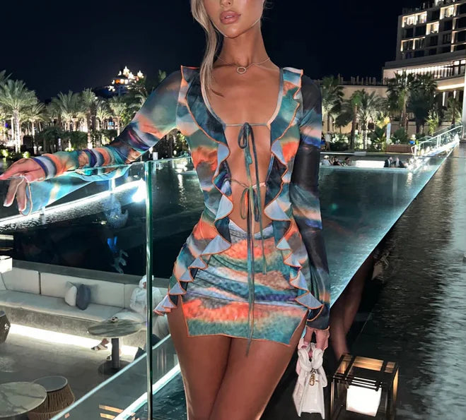 Women Mini Dress Long Sleeve Lacing Tie-dye Print Patchwork Slit Bodycon Dress for Club Party Sri sampi