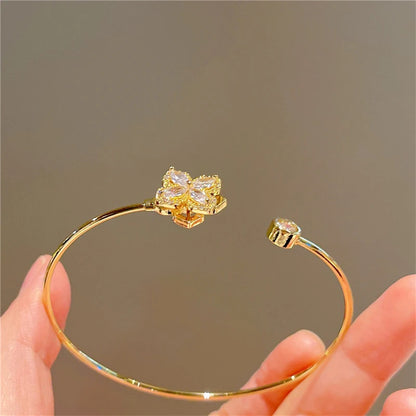 Luxury Rotable Zircon Four Leaf Grass Gold Color Copper Open Bracelets for Women New Fashion Advanced Wedding Party Jewelry Gift