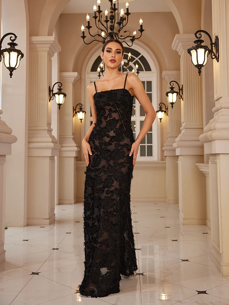 Mingmingxi Formal Occasion Dresses Maxi Black Appliques Dresses for Dancing Parties Long Elegant and Beautiful Women Dress