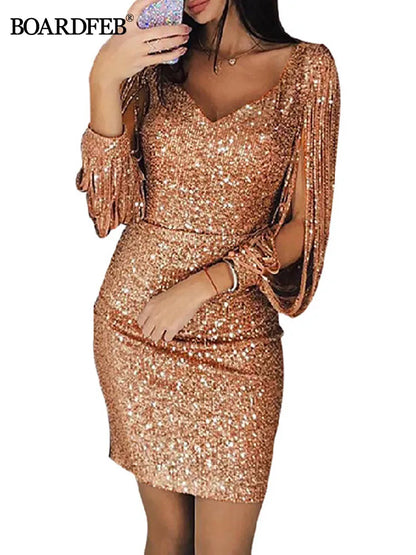 Women Sequin Dress Glitter Sparkle Sexy V Neck Summer Short Dress Tassel Shining Club Sheath Long Sleeve Mini Dress for Party