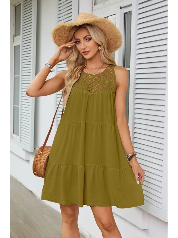 Fashion Sexy Hollow Lace Patchwork Halter Neck Women A Line Dress Summer Casual Solid Color Loose Beach Holiday Female Sundress