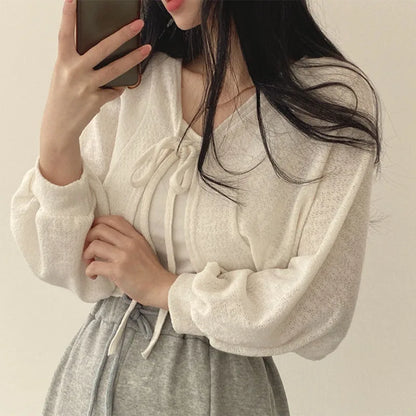 Rimocy 2023 Thin White Cardigan Women Summer Sunscreen Lace-Up Knitwear Top Female Korean Style Lantern Sleeve Short Coat Woman