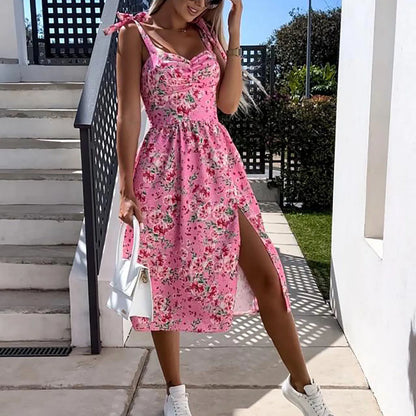 Summer Women's Floral Printed Sleeveless Beach Party Slit Dress Sexy Casual Lace-Up Backless Strapless Sundress Sukienka#g5