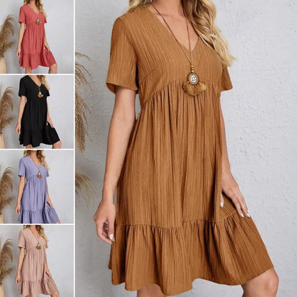 Vintage Solid Elegant Women Dress 2024 Summer Fashion Casual V-Neck High Waist A-Line Mini Dresses Lady Short Sleeve Party Dress