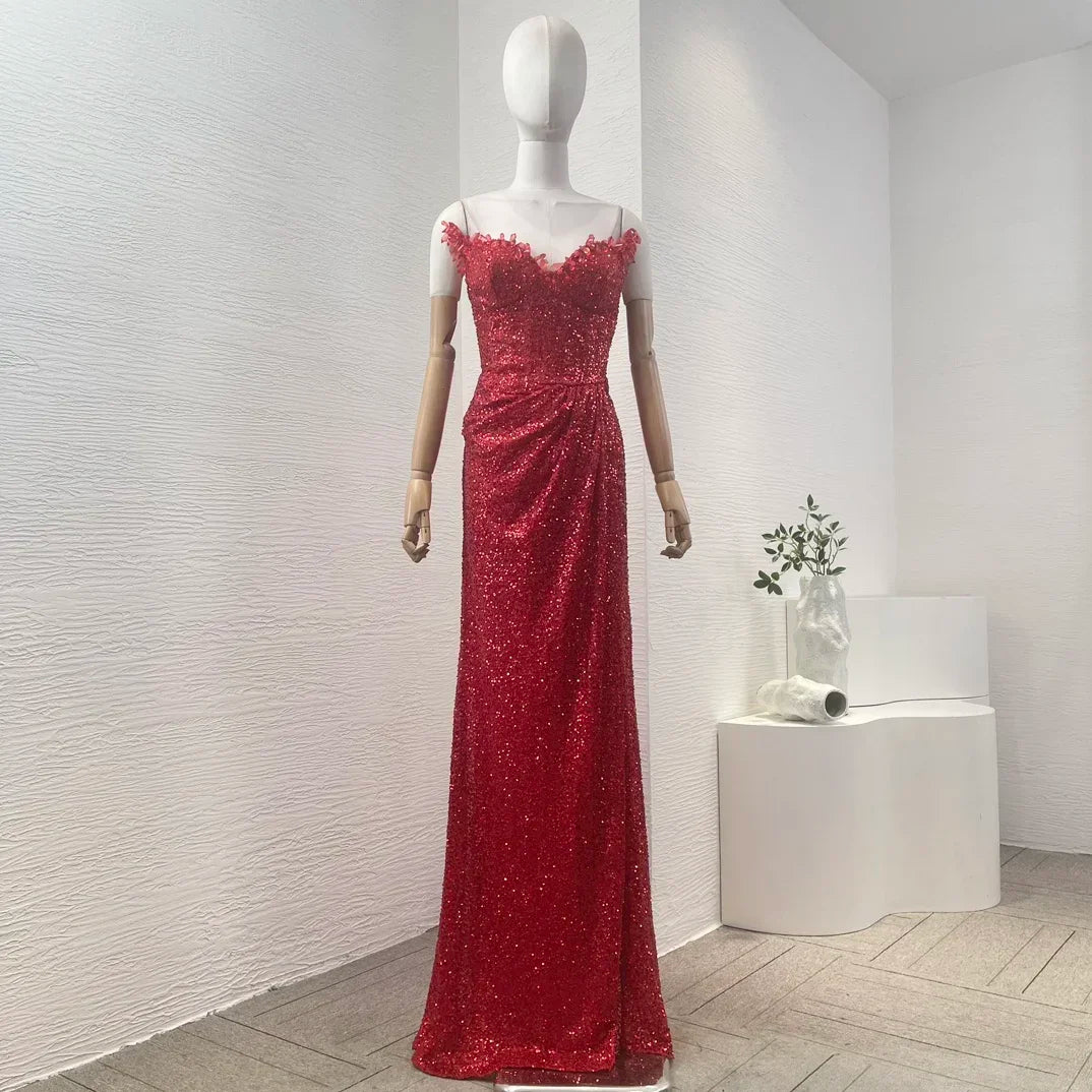 Ladies' 2024 New Club Sexy Red Sleeveless Sequined Slit Hem Diamonds Maxi Dresses