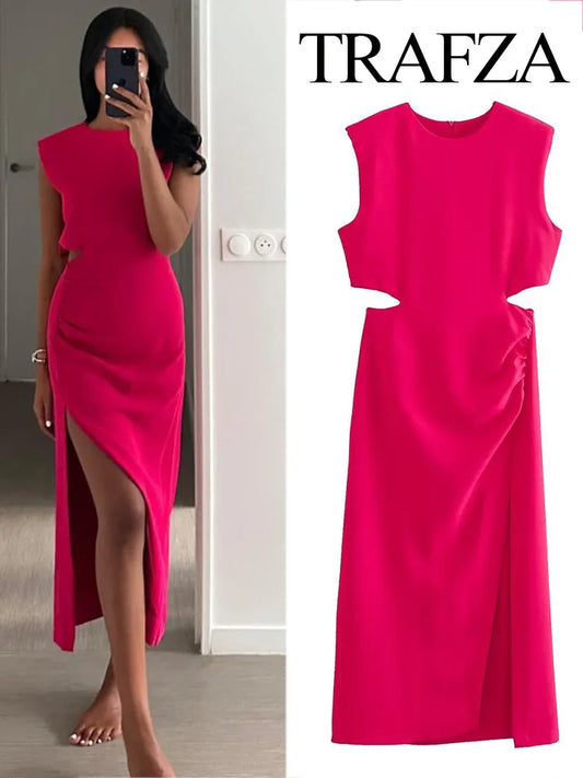 TRAFZA New Cut Out Rose Red Dress Woman Ruched Summer Long Dresses For Women Sleeveless Midi Party Dresses Elegant Evening Dress