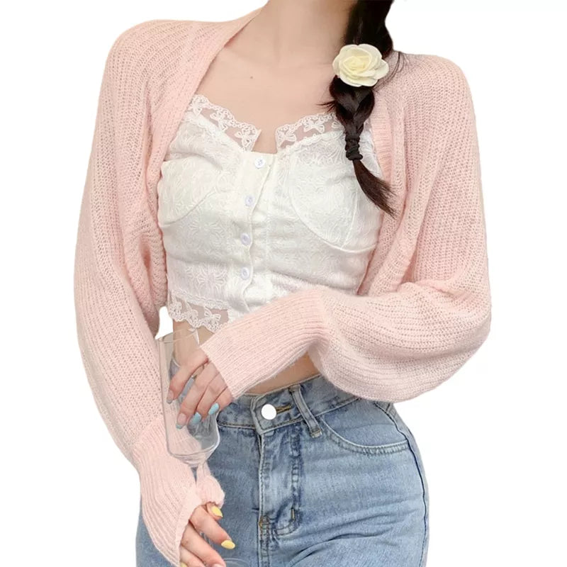 2023 Women's Open Front Bolero Shrug Long Sleeve Solid Color Sun Protection Knit Cropped Cardigan