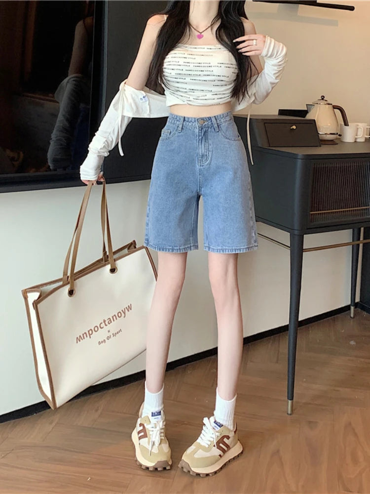 High Waist Shorts Women Summer Knee Length Pockets Casual Solid Simple Korean Style Streetwear School Trousers All-match Fashion