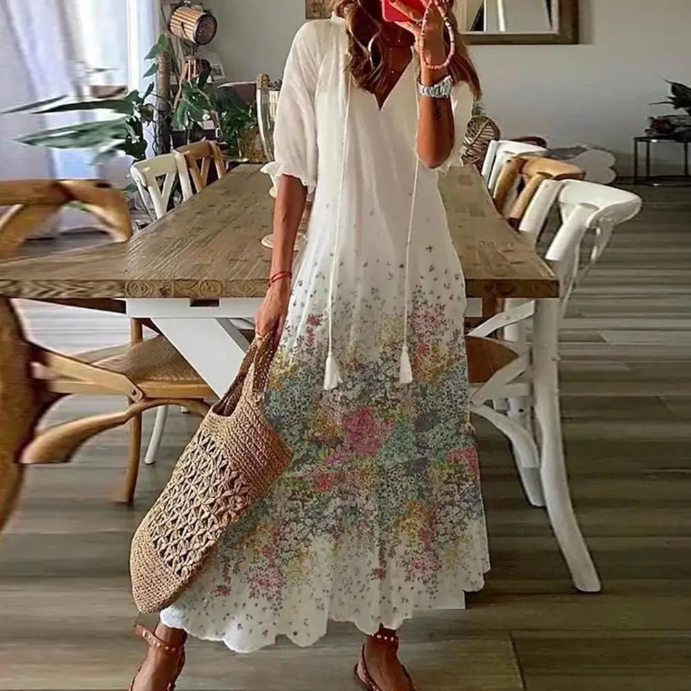 Women Loose Fit Dress Floral Print A-line Maxi Dress with Tassel Detailing V Neckline for Women Vacation Beach Style Ankle - Sri sampi