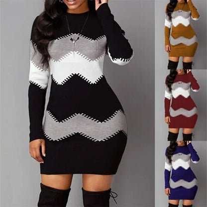 Women Elegant Patchwork Long Sleeve Warm Dress 2022 Autumn Winter Rib Knit Sweater Dress Casual Turtleneck Pullover Mini Dresses