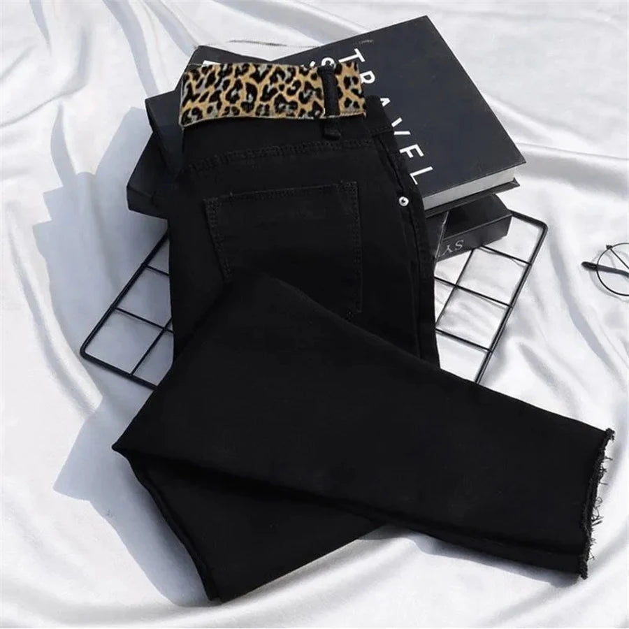 Classic High Waist Leopard Print Skinny Pencil Denim Pants Spring Autumn Slim Stretch Streetwear Women Pants Ankle-length Jeans