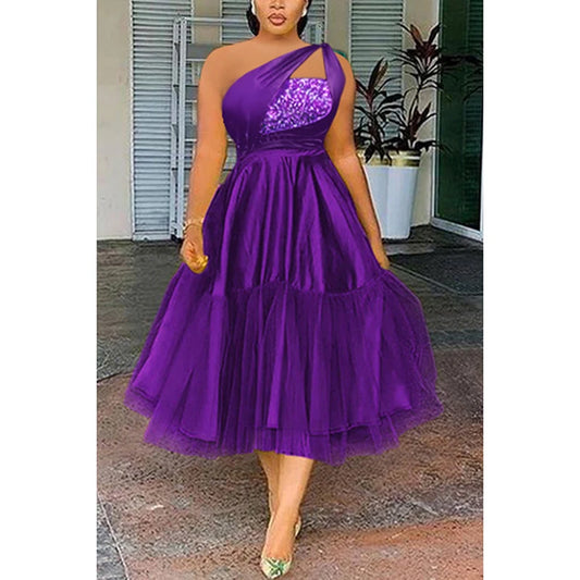 Plus Size Formal Solid One Shoulder Sequin Tulle Midi Dresses