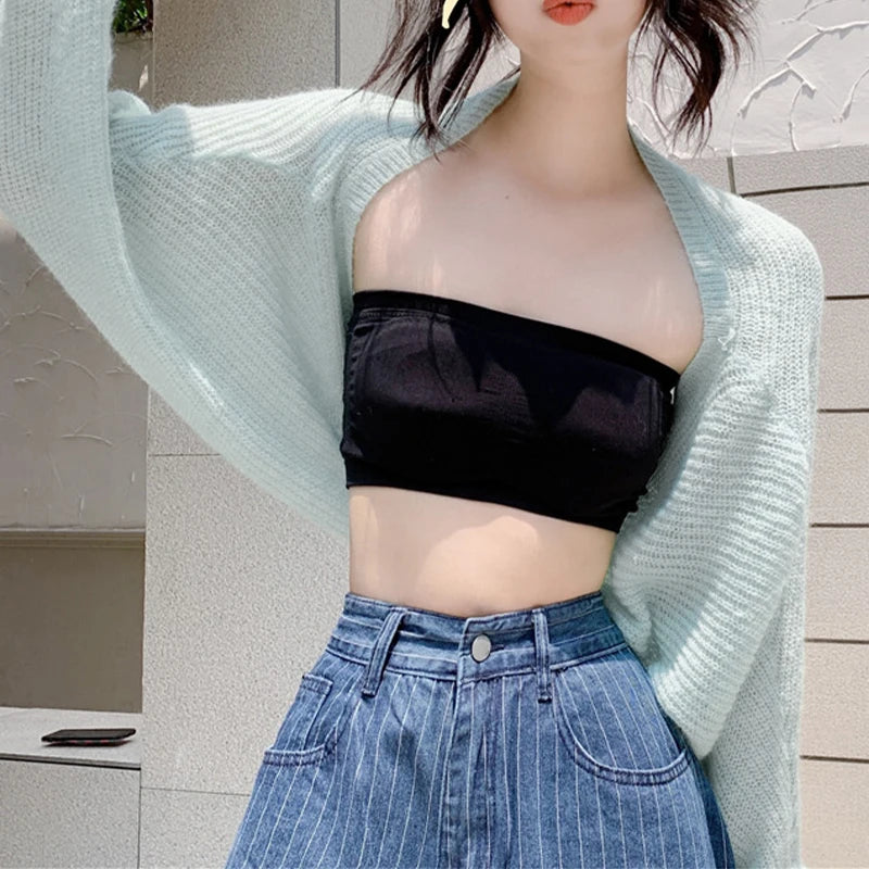 2023 Women's Open Front Bolero Shrug Long Sleeve Solid Color Sun Protection Knit Cropped Cardigan