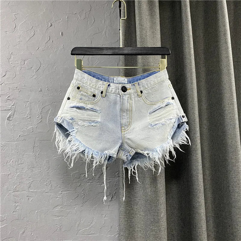 Black Denim Shorts Women's Torn Holes Rough Edges Jeans Shorts 2023 New Summer Korean Low-rise A-shaped Hot Pants