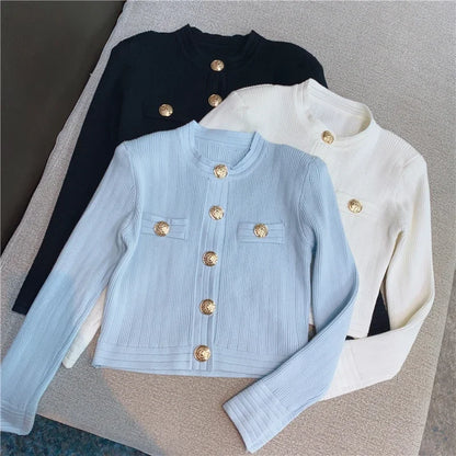 Woman Cropped Cardigan Fashion Women Sweaters Elegant Button Long-Sleeved Knitted Cardigans Sweater Female Jacket Coat 2021