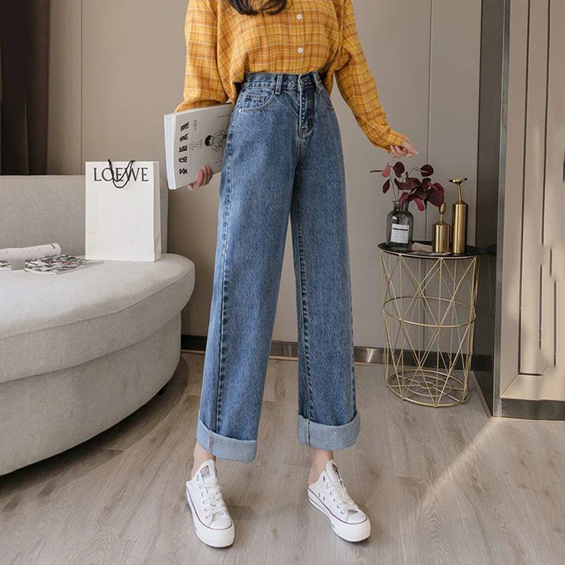 Korean High Waist Loose Straight Pants Woman Spring Autumn Streetwear Baggy Jeans 2023 Classic Washed Denim Trousers Vaqueros