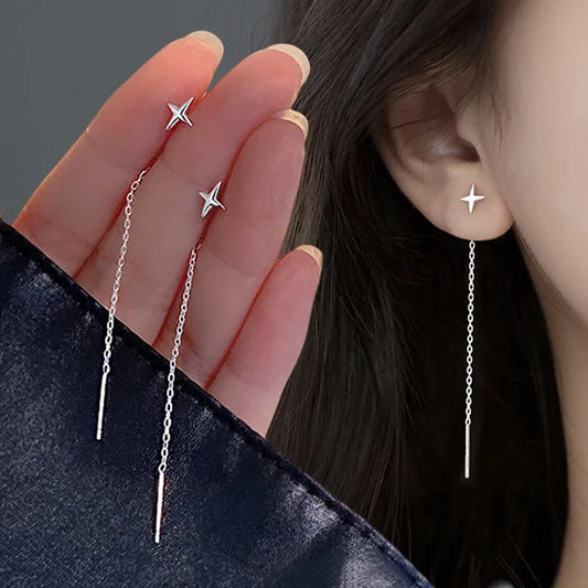 Trend Stainless Steel Long Wire Tassel Thread Chain Star Pendants Drop Earring Women's Ear Line Straight Hanging Earings Jewelry