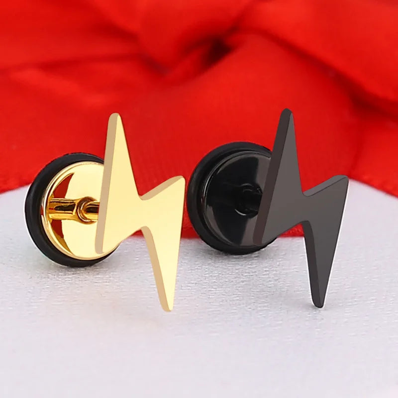 Punk Titanium Lightning Stud Earrings For Men Stainless Steel Round Cake Black Earrings Screw Piercing Jewelry Party Gift