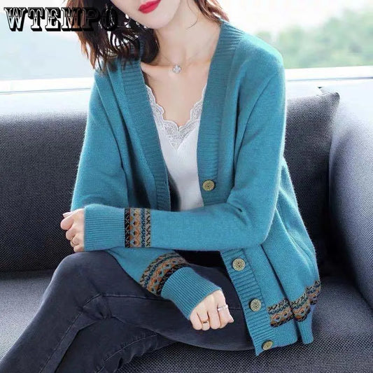 WTEMPO Spring Autumn Solid Color Women's Knitted Cardigan Long Sleeve Korean Loose V-Neck Button Sweaters Coat Female Clothing