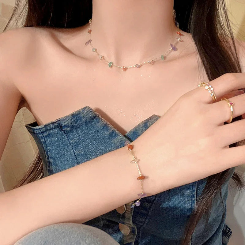 Trendy Cute Sweet Natural Stone Necklace For Women Girls Summer Simple Crystal Clavicle Chain Choker Necklace New Jewelry Gift