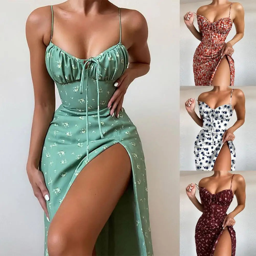 2024 New Summer Women's Sexy Slim Fit Sleeveless High Waist Fashion Floral Fold Lace Up Split Hanging Strap Floral Print Dress