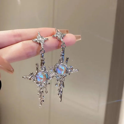 2023 Trend Cross Moonstone Dangle Earrings Women Girl Irregular Liquid Metal Cross Crystals Drops Earrings Jewelry