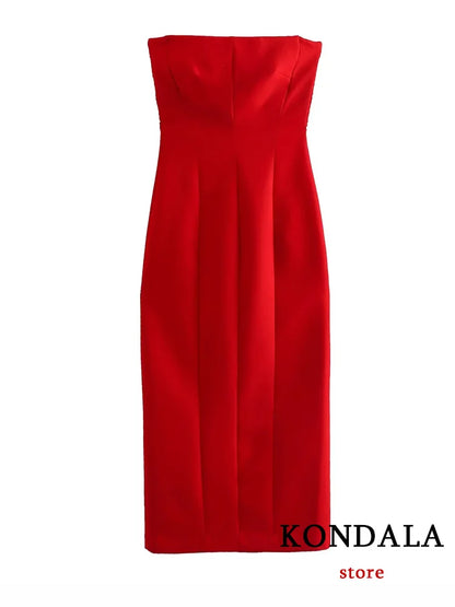 KONDALA Sexy Chic Red Party Long Dress Women Strapless Pleated Back Split Summer Dress Fashion 2023 Elegant Corset Women Dress