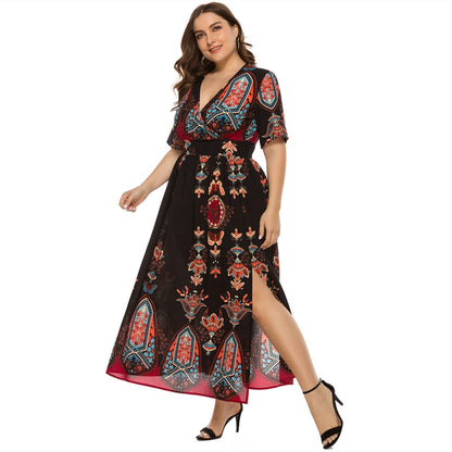 2021 Hot Sale European And American Style V-Neck Plus Size  Printed Bohemia Summer Dresses For Women