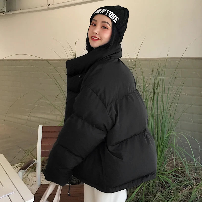 Korean Style Winter Jacket Parkas Women Stand Collar Solid Black White Female Coat Loose Oversized Womens Short Parka