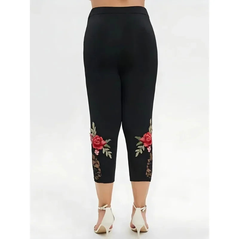 Women's Fashionable Lace Floral Print Solid Color Slim Fit Leggings Casual Fitness Calf Pants