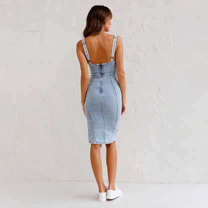 Women Sexy Backless Dress Sleeveless Summer Casual Streetwear Bodycon Comfy Classic Sling Female Split Vestidos Denim Dress