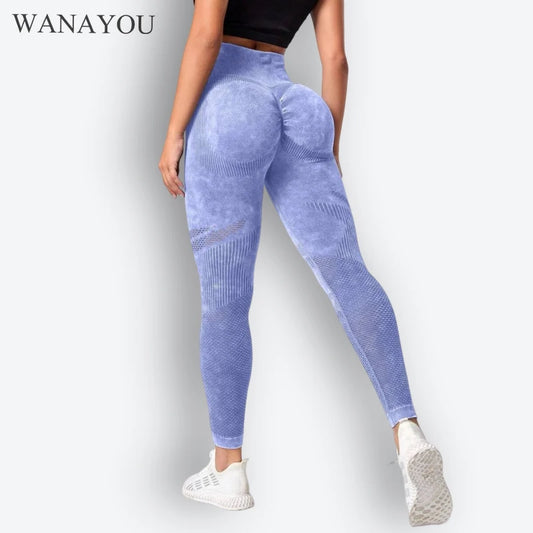 WANAYOU Women Yoga Pants Sports Fitness Hollow-out High Waist Peach Hip Raise Trousers Seamless Washed Workout Gym Leggings