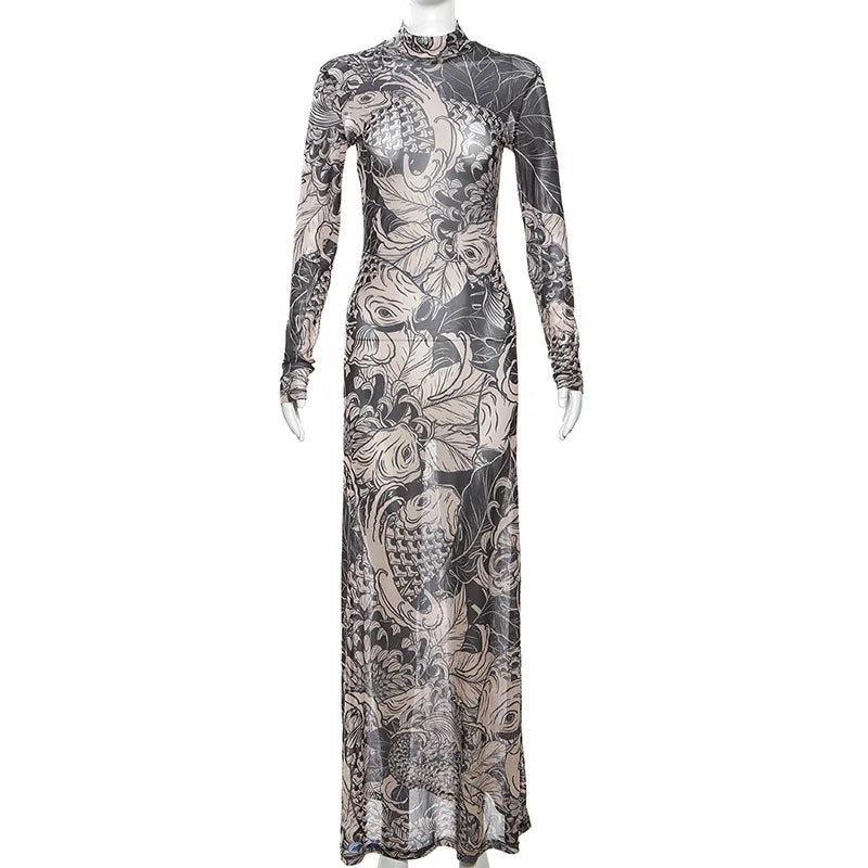 Gtpdpllt Vintage Printed Sexy Mesh Dress Autumn See Through Long Sleeve Maxi Dresses For Women 2023 Streetwear Y2k Clothing