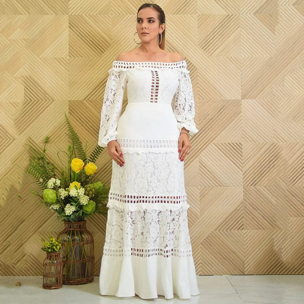 M-4XL Plus Size Elegant Women Wedding Dress Lady Lace White Hollow Birthday Party Dresses Classy Female Prom Ruffled Vestido