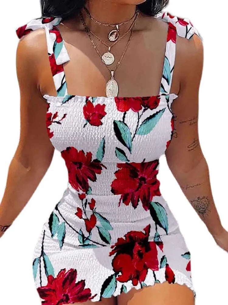 Women Elastic Waist Pleated Dress Summer Sleeveless Off The Shoulder Floral Print Bodycon Party Dresses SZE-1930