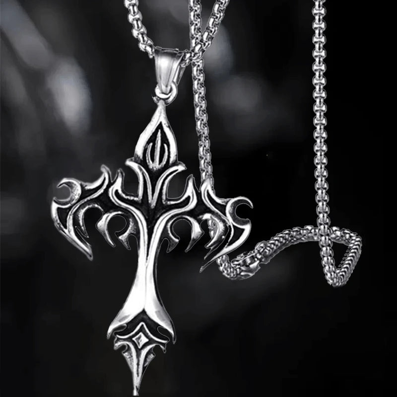 Men's Vintage Flame Cross Pendant Necklace Women Stainless Steel Link Chain Charm Necklaces Cool Punk Hip Hop Jewelry Gift