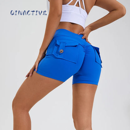 QINACTIVE Yoga Shorts for Women Pocket Scrunched Butt Gym Leggings High Waist Push Up Tights Sexy Booty Sports Shorts Fitness