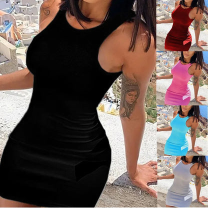 Summer Vintage  Cotton Bodycon Dress Women Sexy Sleeveless Club Party Dress Ladies Solid Skinny Elegant Mini Dress New