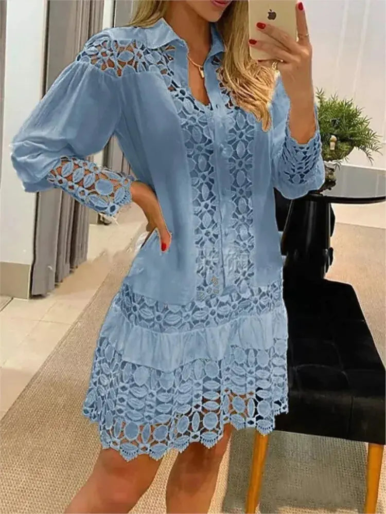 Women Lace Stitching Sexy Hollow Out Shirt Dress Elegant Office Lady Dress 2024 Spring Casual Long Sleeve White Green Dresses Sri sampi