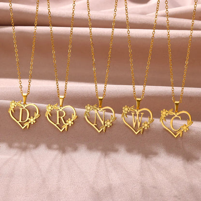 Gold Color Dainty Flower Initials Necklace Women Girl Stainless Steel Heart Letter Choker Necklace Best Gifts Alphabet Jewelry