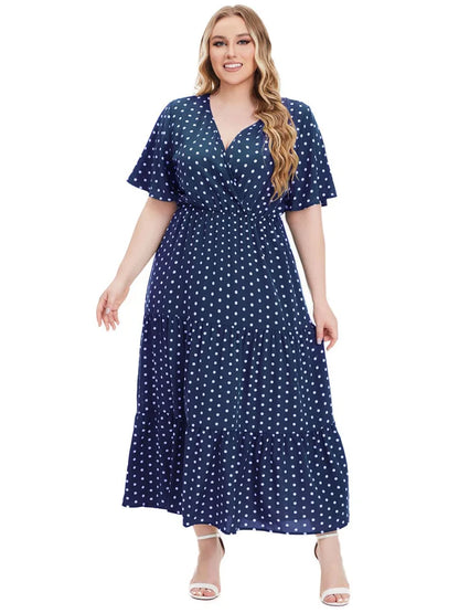 GIBSIE Plus Size Women's V Neck Polka Dot Short-sleeved Dress 2024 Vacation Beach Casual Ruffle Hem A-line Summer Maxi Dresses